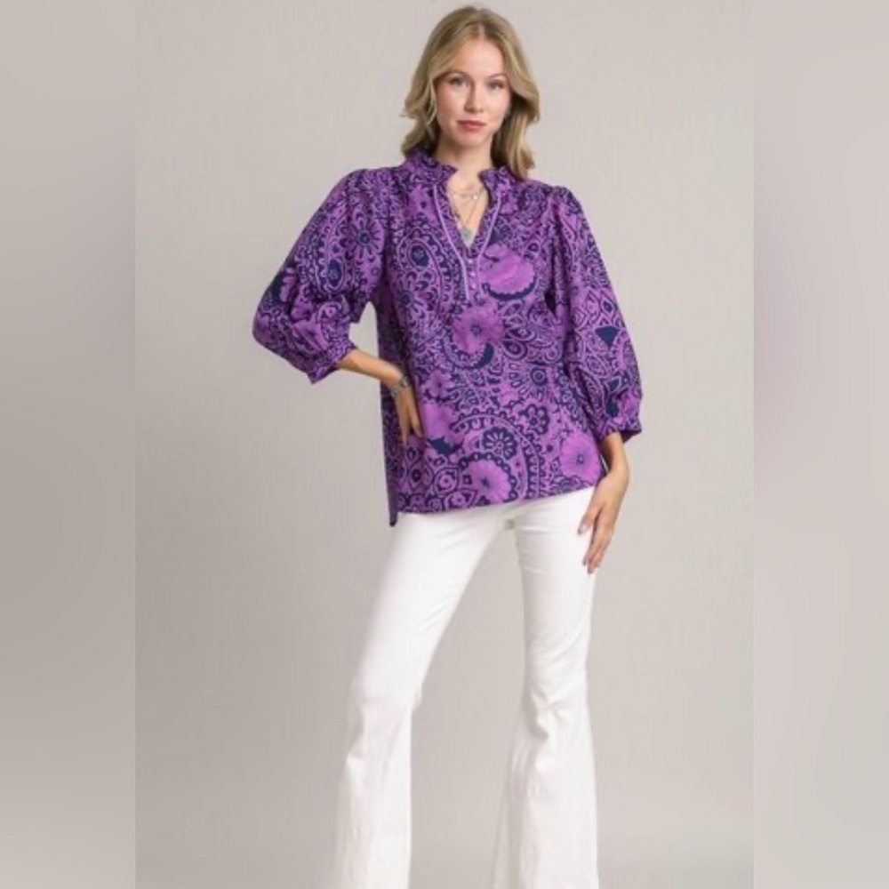 Umgee Purple and Blue Floral button down Blouse size small NWT - Picture 2 of 6